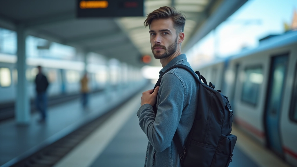 Osoba stojící na nádraží s batůžkem, vlak v pozadí, moderní cestovní stylizace