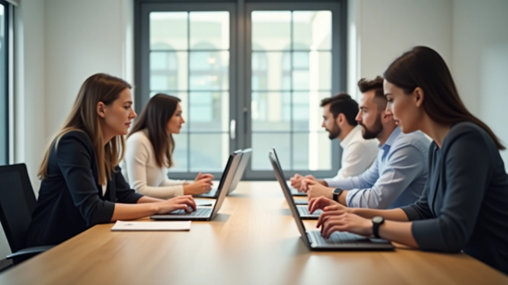 Pracovníci v moderní kanceláři u stolu s notebooky, přátelská atmosféra, přirozené osvětlení