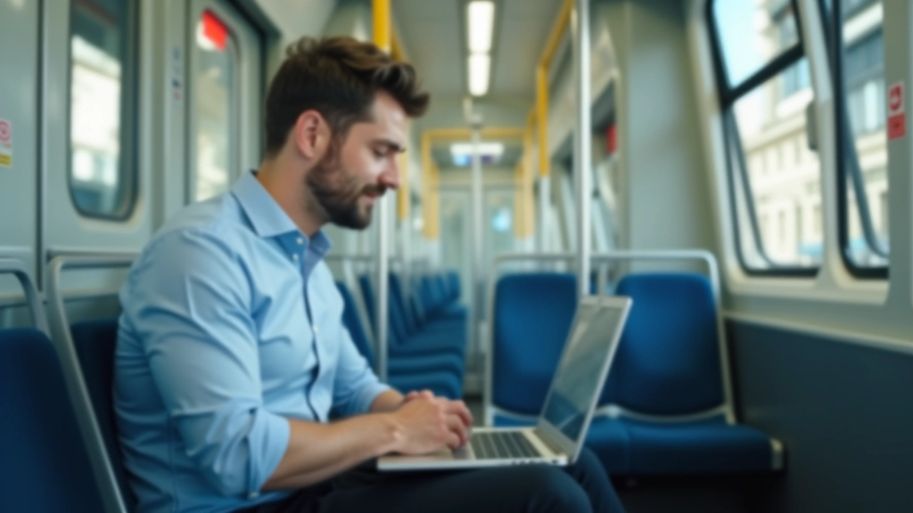 Pracovník s notebookem v metru během dojíždění do práce