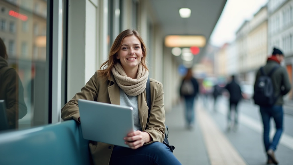 Mladá žena s notebookem sedí na lavičce vedle stanice metra, svítí slunce, čistá композиция