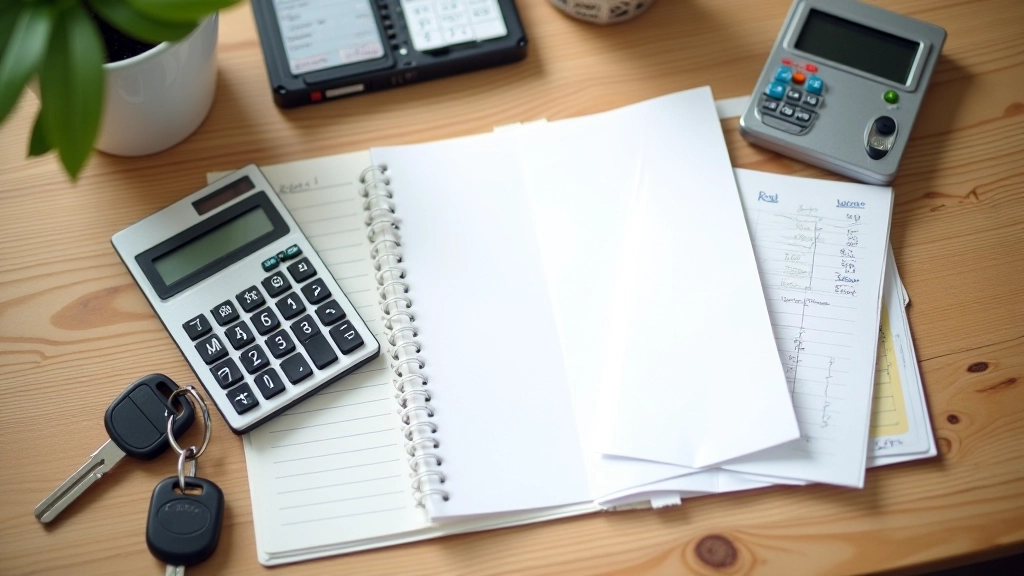 Notebook s kalkulačkou, seznam výdajů na dopravu, jízdenka a klíče od auta na dřevěném stole