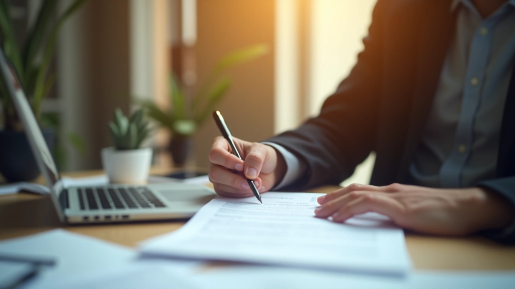 Člověk vyplňuje formulář na stole, tužka v ruce, dokumenty rozložené, domácí pracovna