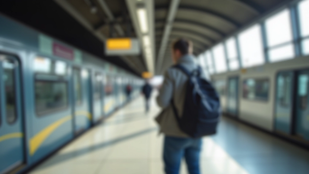 Osoba stojící na perónu metra s cestovní taškou, zářící denní světlo, moderní stanice