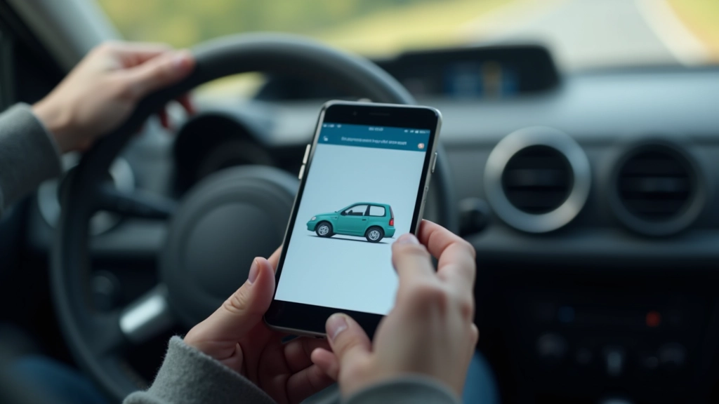 Smartphone s aplikací na rezervaci sdíleného auta, volant a palubní deska v pozadí