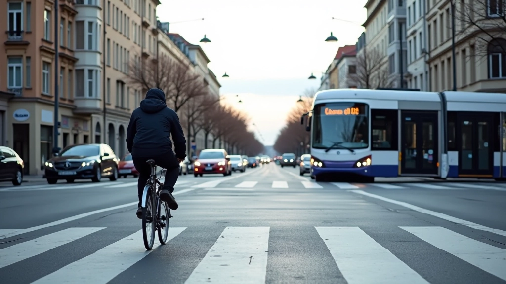 Moderní křižovatka s autobusem, tramvají a cyklistou, městská dopravní hrana v denní době
