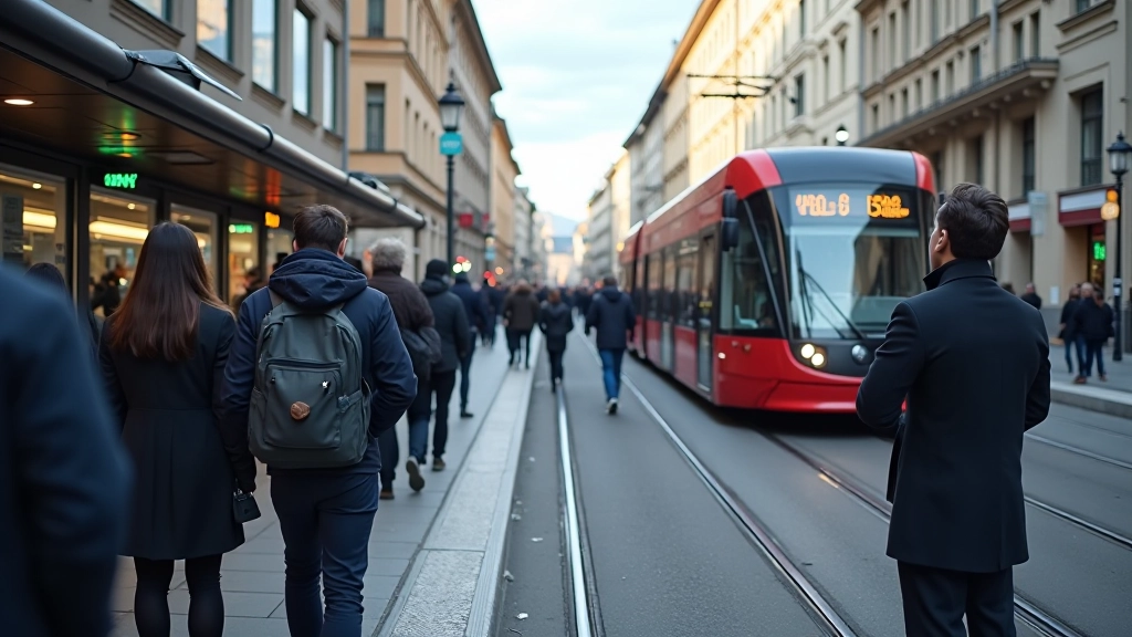Zůstávka tramvaje s cestujícími a městskou architekturou v pozadí